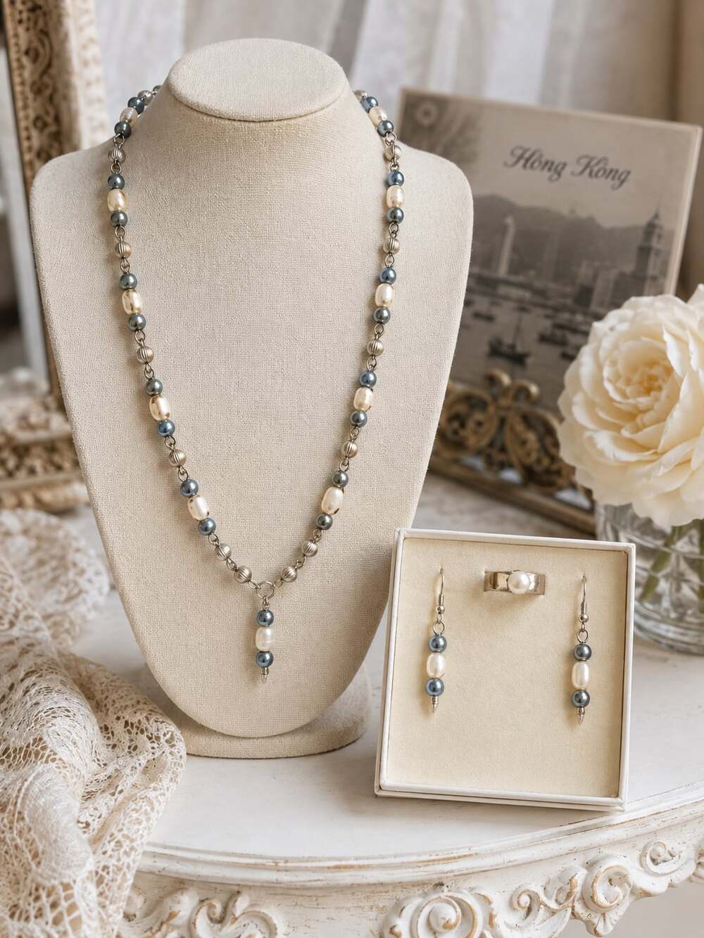 Vintage LBVYR Fresh Water Pearl Jewelry Set Necklace, Earrings and Ring